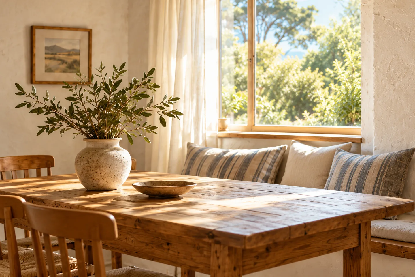 Fictional Willow Cottage interior with a sunlit oak table and linen curtains